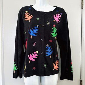 MICHAEL SIMON LITE NEW YORK CHRISTMAS SWEATER CARDIGAN SZ: M BLACK TREES